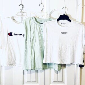 Set of 3 Crop Tops by True Religion, Dickies, & Champion. White/Green (XL) NWT